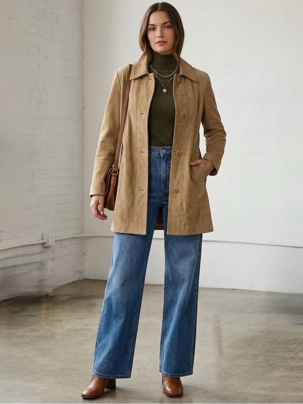Vintage 90s Rem Garson Tan Suede Leather Car Coat Mid-Length Minimalist Jacket M